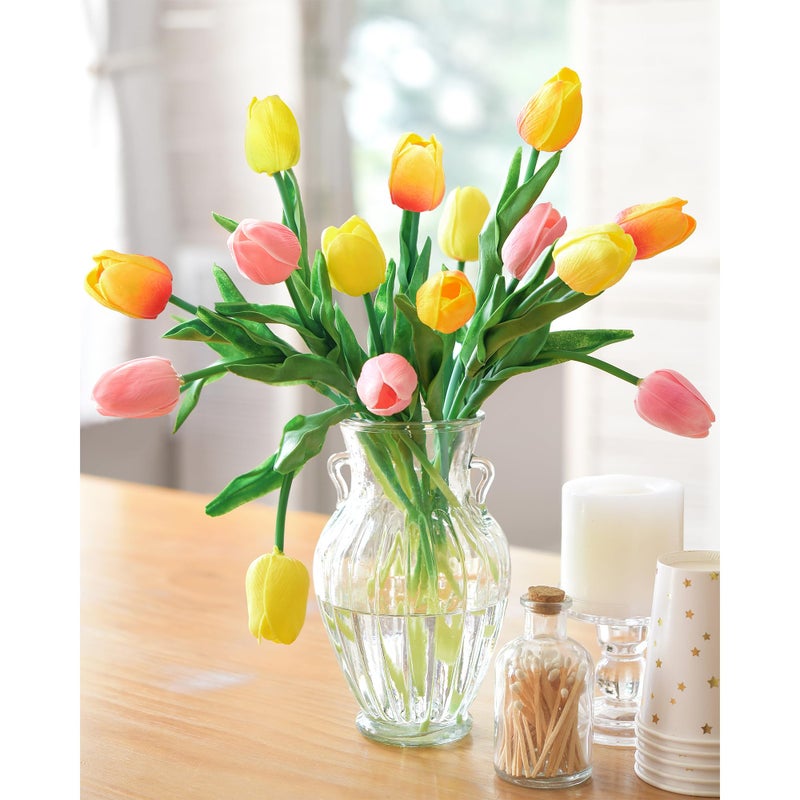 FiveSeasonStuff Orange, Yellow & Pink 15 Stems Real Touch Artificial Tulips, Soft PU Faux Flowers with Bendable Stems for Vase Centerpieces, Home & Wedding Decor - Image 4